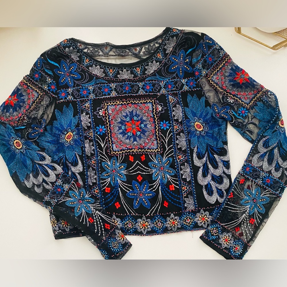 Zara tribal mesh beaded long sleeve crop top